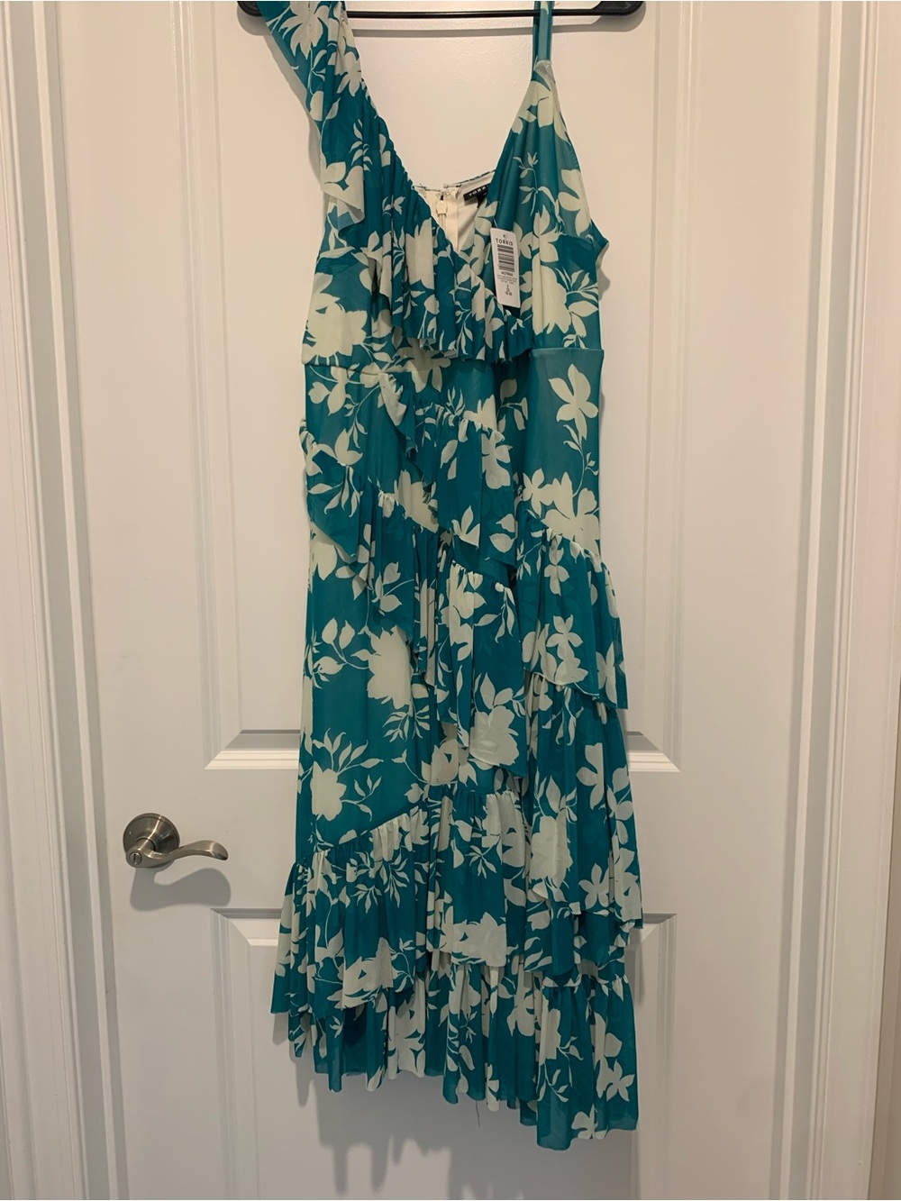 torrid Teal One-Shoulder Floral Ruffle Dress